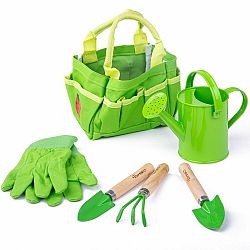 Bigjigs Toys Zahradní set nářadí v plátěné tašce, zelená